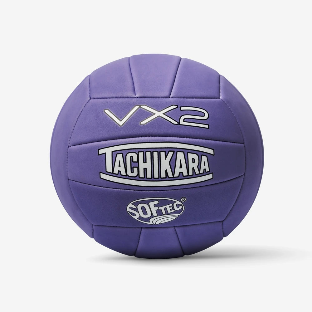 Purple volleyball with Tachikara branding on a light gray background
