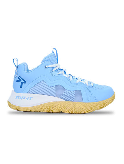 Blue athletic court shoe with white laces on a white background