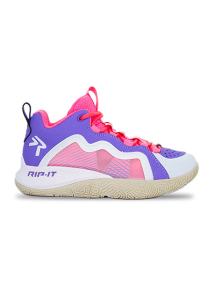 Court shoe with purple, pink, and white design on a white background