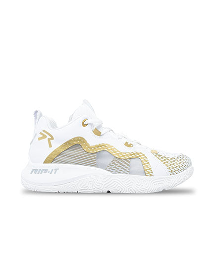 White and gold sneaker with 'Rip-It' branding on a white background