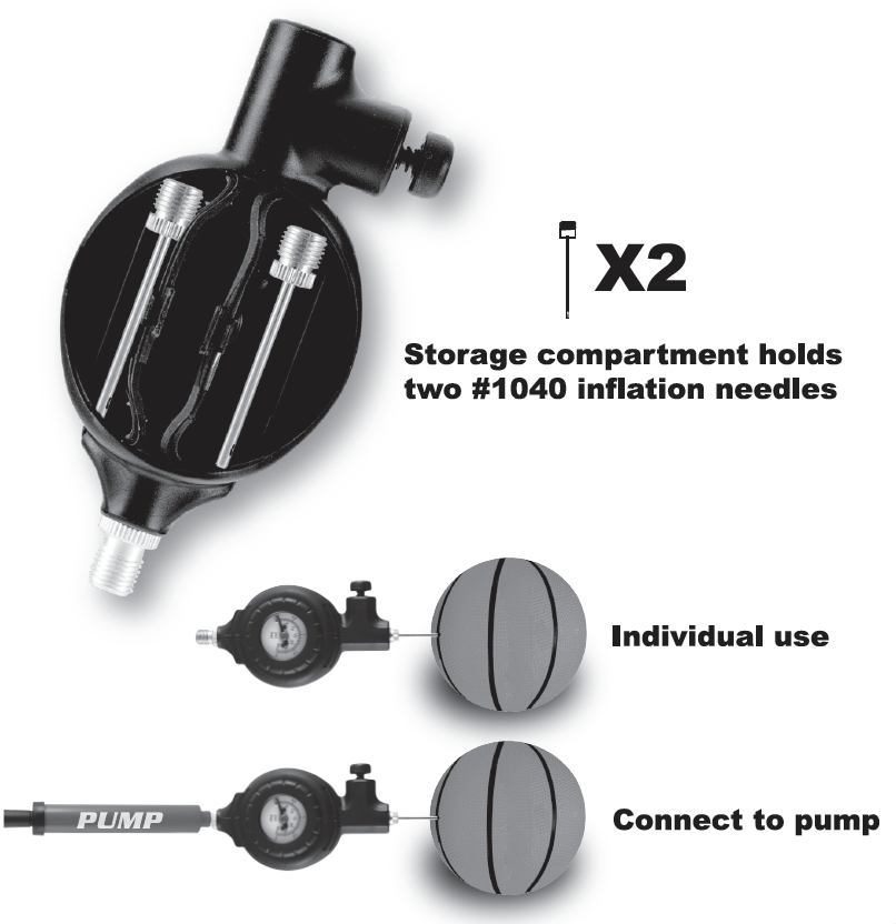 Pump with storage compartment for inflation needles on a white background