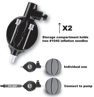 Pump with storage compartment for inflation needles on a white background