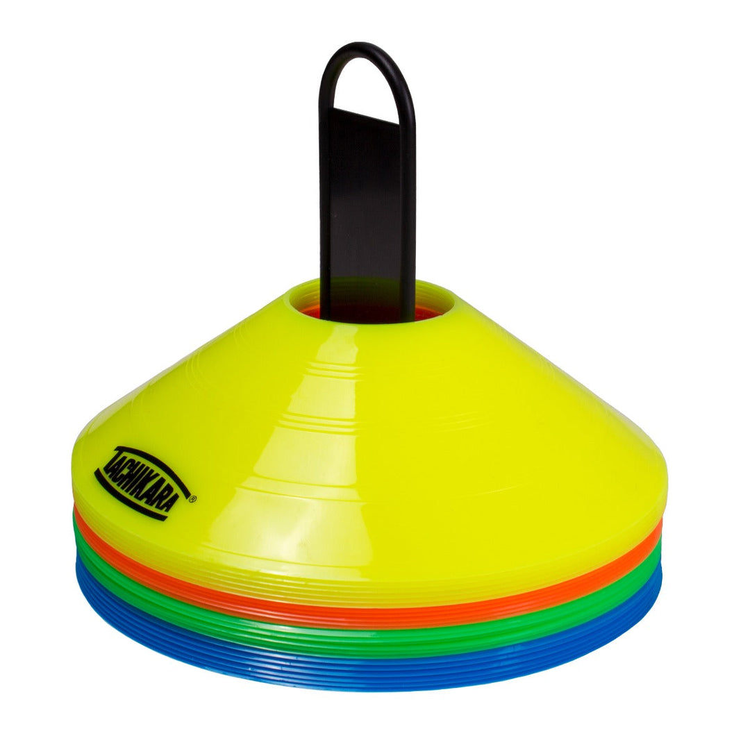 Yellow plastic cone with colorful base and black handle on a white background
